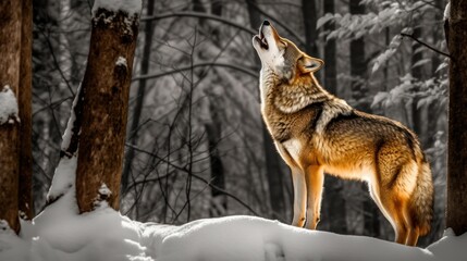 Fototapeta premium A coyote howls in a snowy forest, capturing a moment of wilderness and nature's beauty.