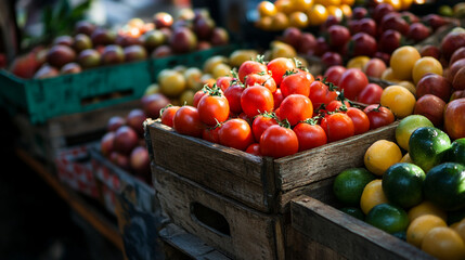Fresh tomatoes and citrus fruits fill market crates in vibrant outdoor setting