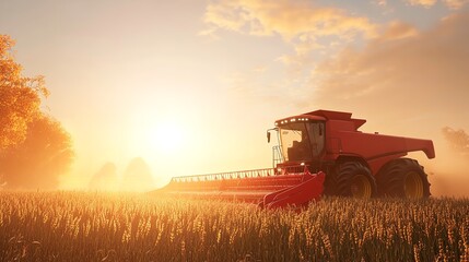 Obraz premium Golden Hour Grain Harvesting with Combine