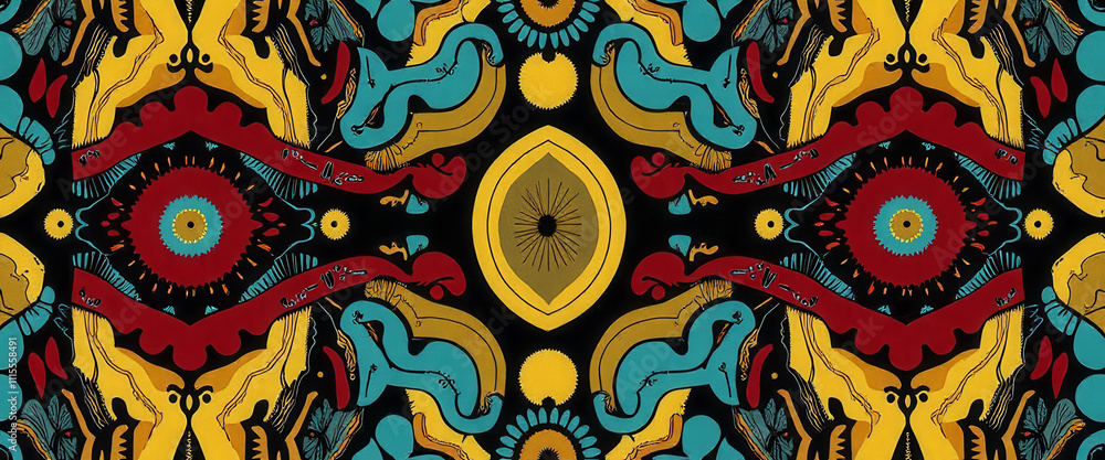 Poster A colorful patterned design with a yellow flower in the center. The design is made up of many different shapes and colors, creating a vibrant and eye-catching piece of art
