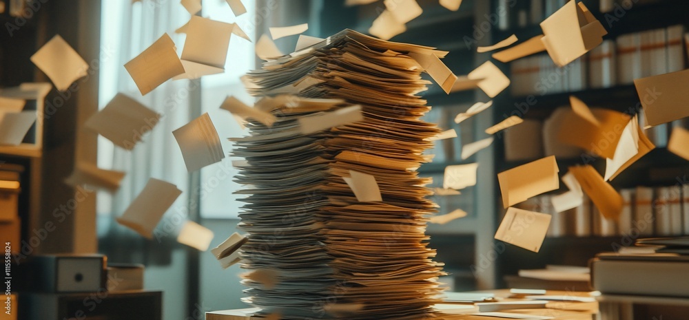 Aufkleber a chaotic stack of flying papers in a library setting.