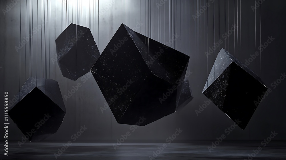 Poster dark, abstract image of floating black cubes in a dimly lit space.
