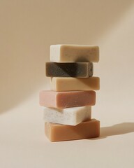 Minimalist still life of stacked artisan soaps on a soft beige background