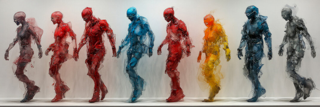 Colorful silhouettes of human figures in various poses showcase dynamic movement and artistic interpretation in a modern gallery setting