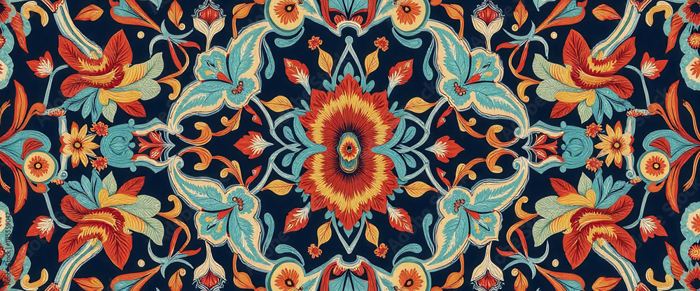 Poster A colorful patterned design with a yellow flower in the center. The design is made up of many different shapes and colors, creating a vibrant and eye-catching piece of art