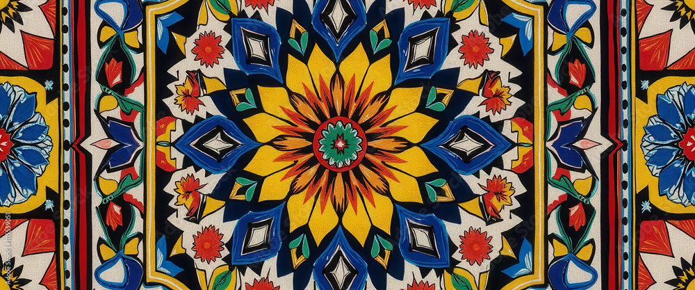 Poster A colorful patterned design with a yellow flower in the center. The design is made up of many different shapes and colors, creating a vibrant and eye-catching piece of art