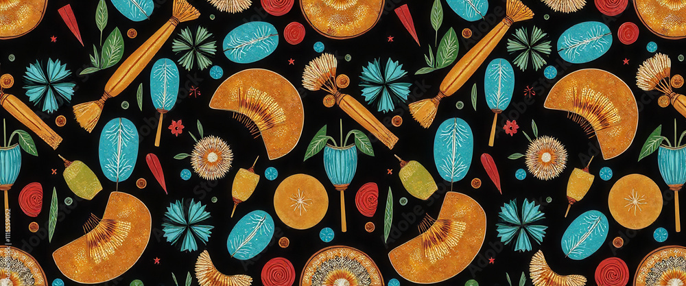 Poster A colorful patterned design with a yellow flower in the center. The design is made up of many different shapes and colors, creating a vibrant and eye-catching piece of art
