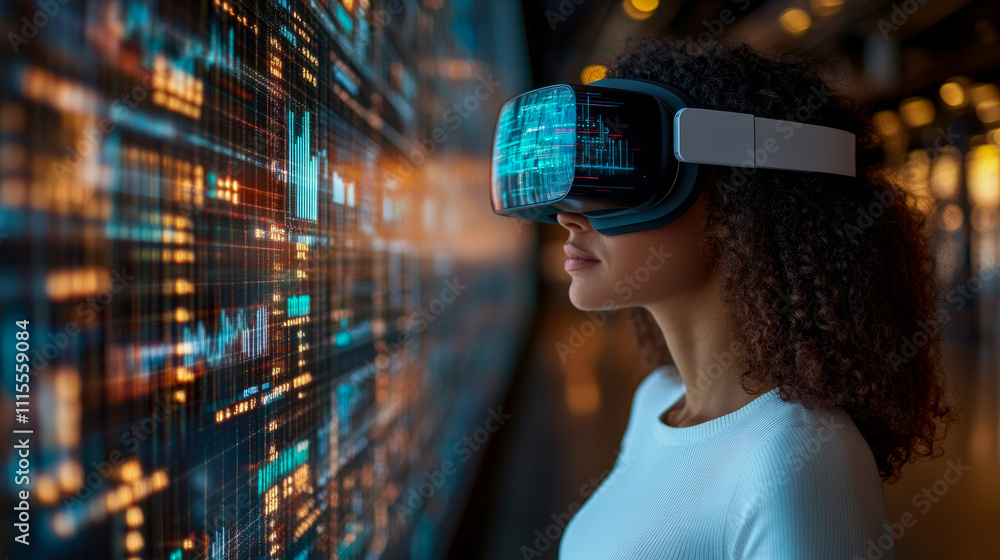 Poster a person wearing a virtual reality headset engages with dynamic digital data visuals in an advanced 