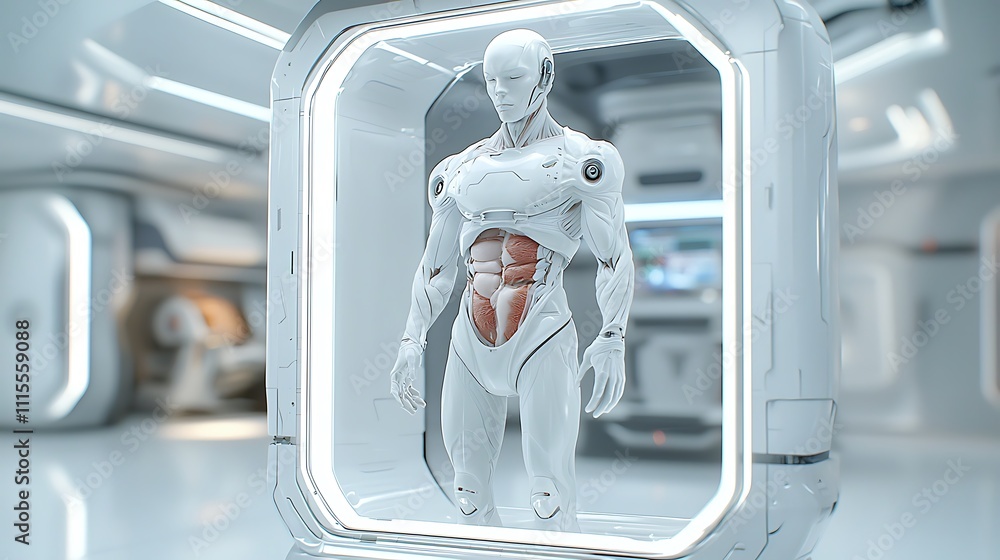 Poster exploring innovative human-like displays high-tech lab 3d model close-up advanced robotics