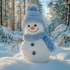 Winter forest and Snowman. Holidays, Christmas.