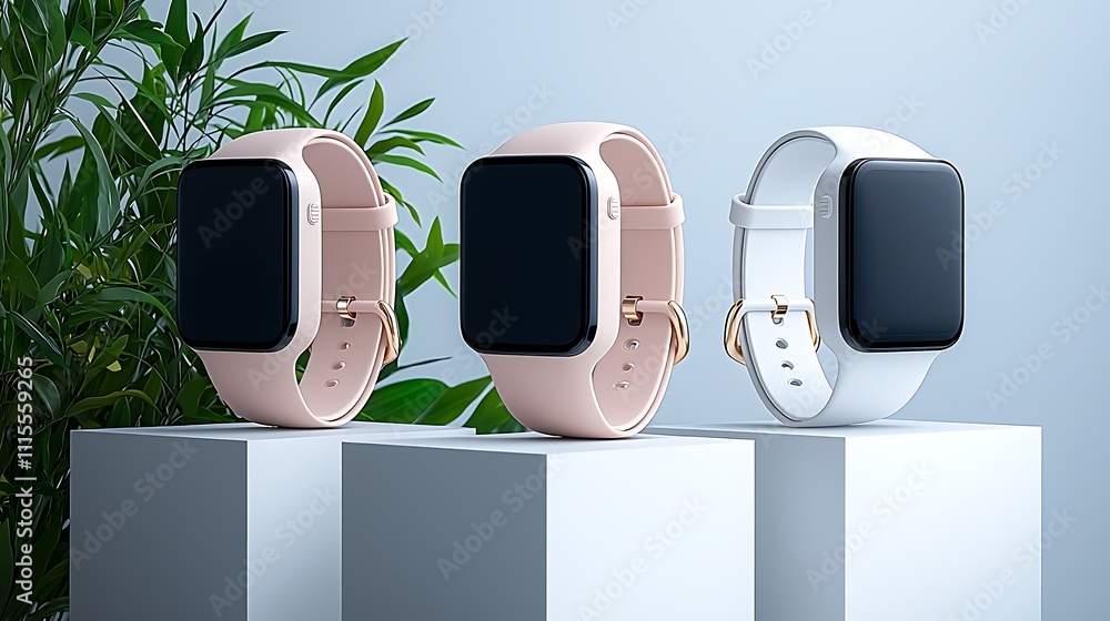 Poster stylish smartwatch display featuring three colors in modern studio environment