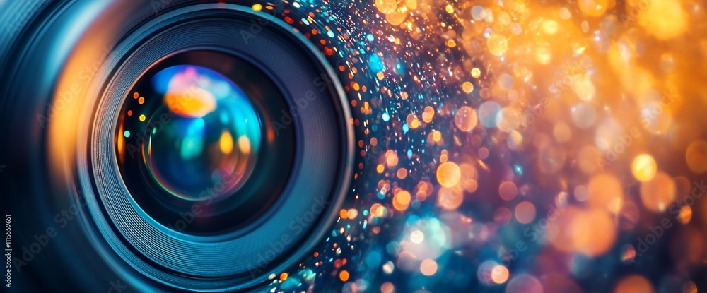 Poster a close-up of a camera lens with colorful bokeh effects.