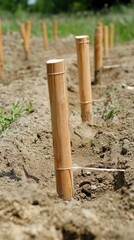 Wooden stakes in soil for plant support and growth guidance.