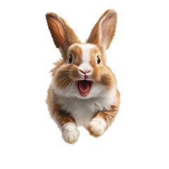 Fototapeta premium A playful brown easter bunny with a shiny pink nose, hopping mid-air isolated on a transparent background