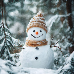 Fototapeta premium Winter forest and Snowman. Holidays, Christmas.
