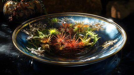 Exquisite display of vibrant plants in an ornate bowl on a glossy table