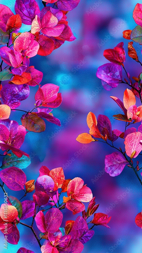 Poster several flowers in sharp focus against a soft blue and pink backdrop with a slight hazy effect in th