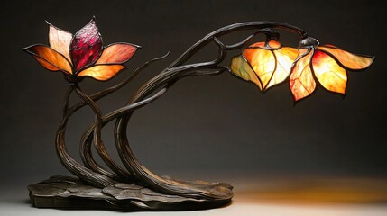 Art Nouveau lamp design features flowing floral elements and vibrant stained glass shades