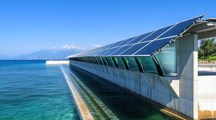 Fototapeta premium A solar-powered desalination plant converting seawater into fresh water using solar energy to provide sustainable water solutions for coastal communities.