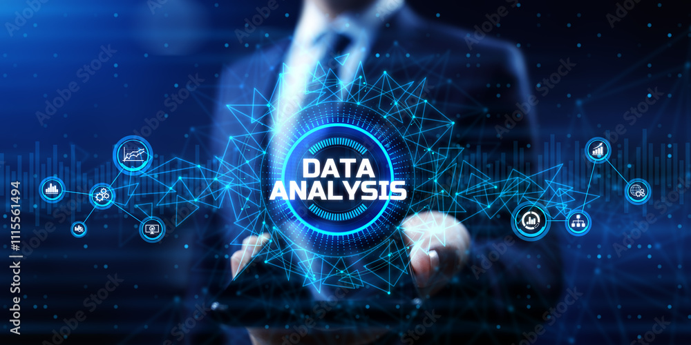 Poster businessman pressing virtual button data analysis text on screen.