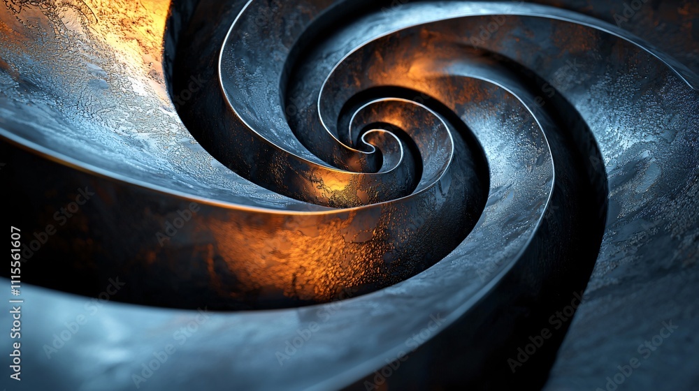 Poster spiral design featuring metallic textures and glowing elements creates a dynamic visual experience