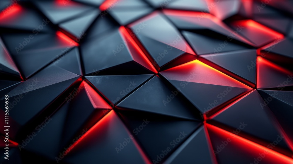 Aufkleber Angular shapes with sharp edges form an intricate design, highlighted by glowing red accents that enhance the depth and texture of the surface in this mesmerizing arrangement