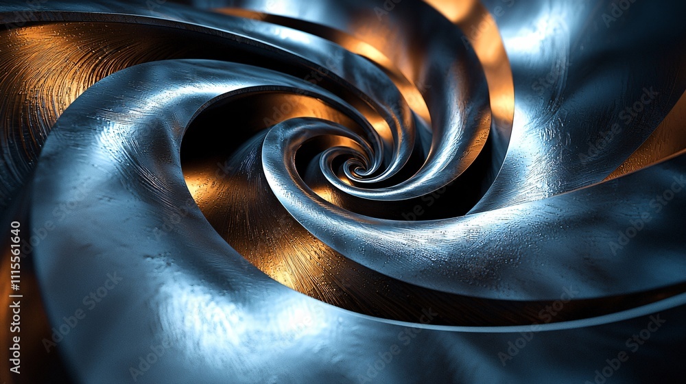 Poster intricate spiral design with metallic hues and dynamic patterns conveying motion and depth