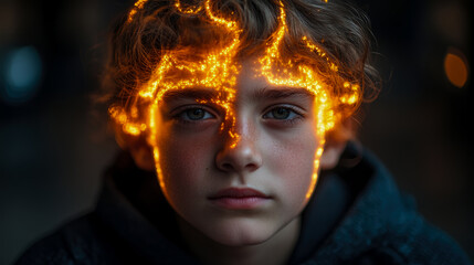 A boy with curly hair and glowing flames on his head gazes intensely, highlighting powerful emotions in a moody, dimly lit environment