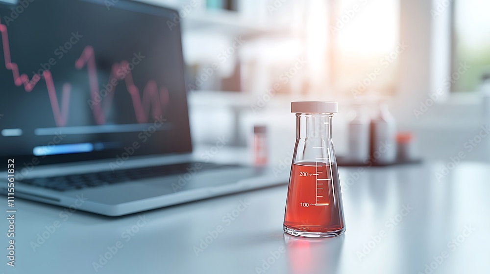 Poster digital analysis of a red solution close-up view in modern laboratory research trends