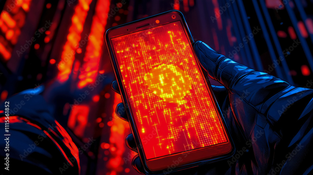 Poster a person holds a phone showing vibrant red patterns, surrounded by towering buildings illuminated by