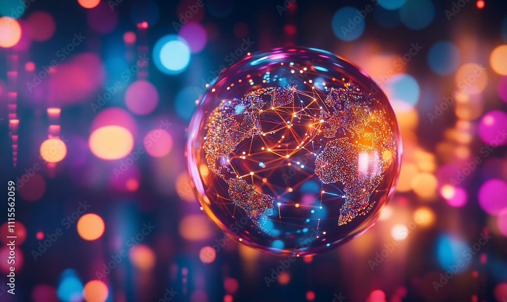 Poster a digital globe with interconnected networks and vibrant bokeh lights.