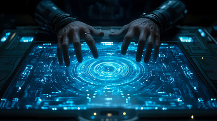 Obraz premium Hands manipulate a glowing holographic display filled with intricate patterns and data, creating an immersive experience in a dark, technological setting