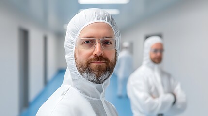 Fototapeta premium Close-up portrait of laboratory scientists in a modern cleanroom research facility