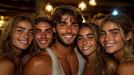 Fototapeta premium Six friends enjoy a close and joyful moment, smiling brightly in warm lighting at an evening gathering in a casual setting