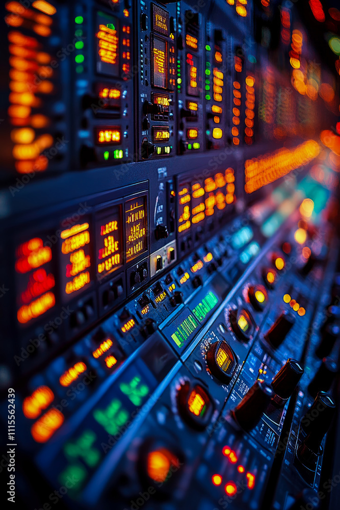 Poster a detailed view of a control panel filled with vibrant buttons and screens, showcasing technological