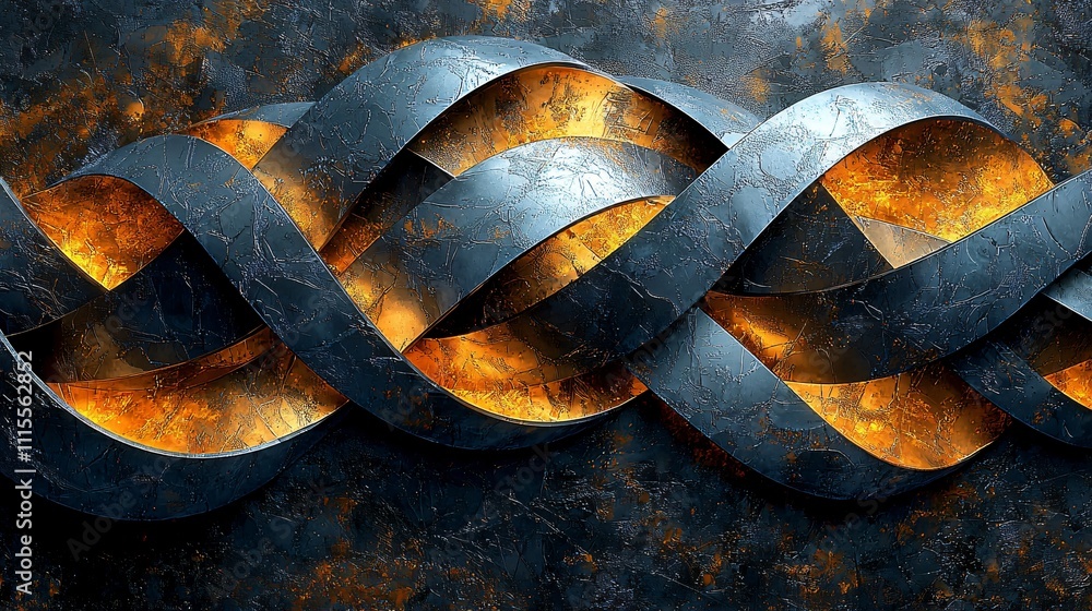 Poster dynamic abstract design featuring intertwining metallic bands and fiery highlights