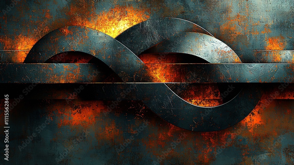Poster dynamic abstract design featuring intertwined metallic shapes on a fiery background