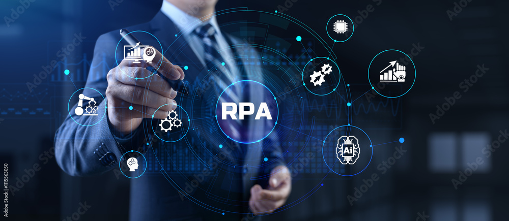 Poster rpa robotic process automation business process optimisation innovation technology concept.