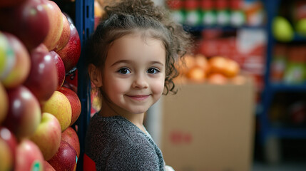 Happy child smiles while standing next to fresh apples in a grocery store