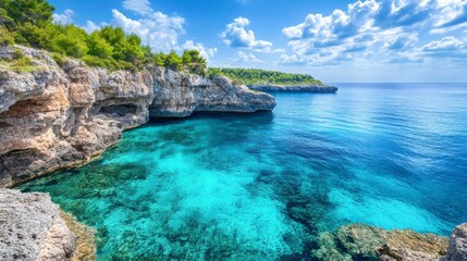 Fototapeta premium A Coastal Inlet with Clear Blue Water and Green Foliage