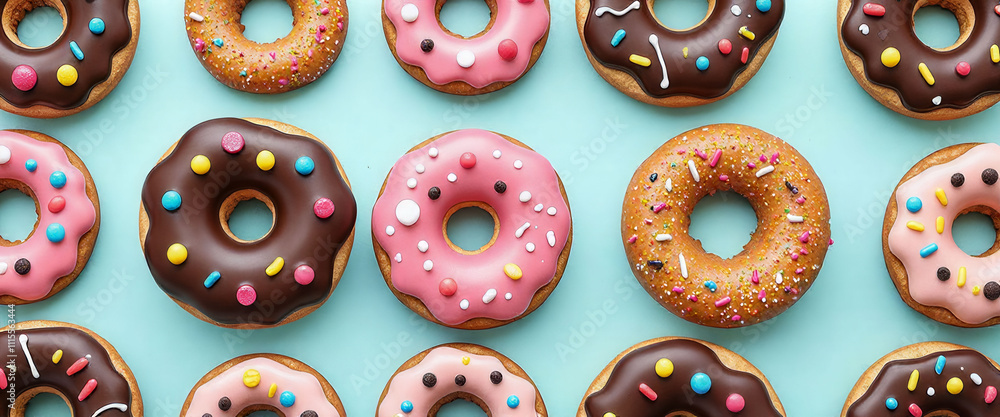 Poster a row of donuts with various toppings and one with a bite taken out of it. concept of indulgence and