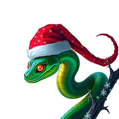 Green snake wearing a festive red Santa hat, isolated on a transparent background, perfect for Christmas-themed designs and decorations..