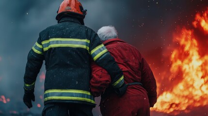 Fototapeta premium A firefighter rescues an elderly person from a blazing fire, highlighting bravery and compassion amidst a dangerous situation.
