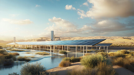 A solar-powered desalination plant providing fresh water to coastal communities by utilizing solar energy to purify seawater, promoting water sustainability.