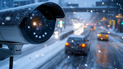 Towing services on snowy highway outdoor worker monitored by security camera in winter scene