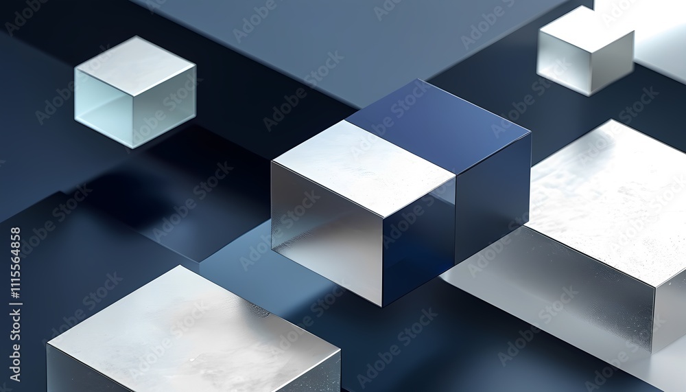Poster abstract arrangement of reflective metallic cubes on a dark surface creating a modern artistic effec