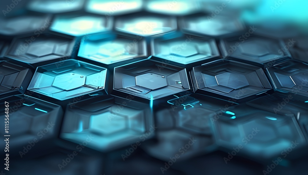 Poster hexagonal patterns illuminated with blue light create a modern and futuristic design in a digital la
