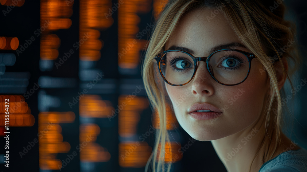 Aufkleber a woman with glasses intently observes a glowing digital display filled with data in a tech workspac