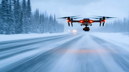 Outdoor workers secure towing on snowy highways with drone surveillance in winter