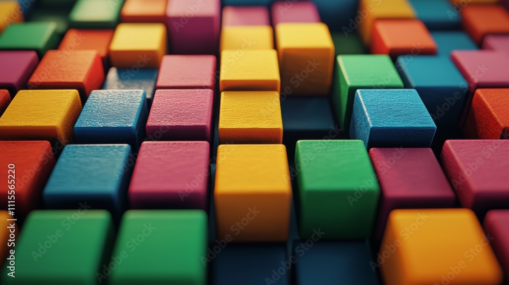 Poster a vibrant assortment of colorful wooden blocks arranged in a playful pattern, showcasing various col